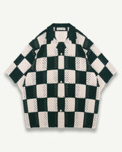 Load image into Gallery viewer, KNITTED CROCHET CHECK SHIRT - OYSTER/GREEN
