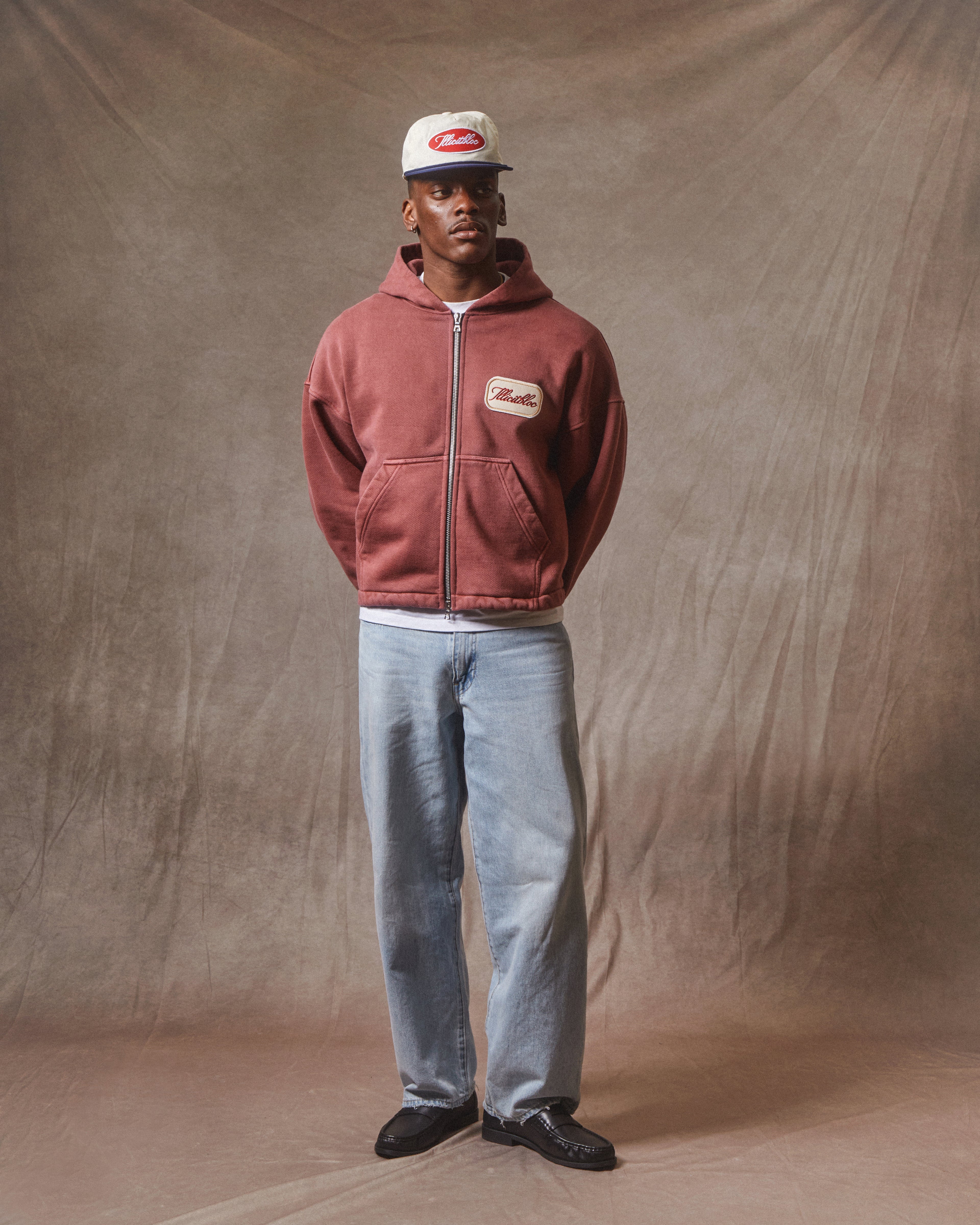 Patchwork Zip Hoodie - Washed Burgundy