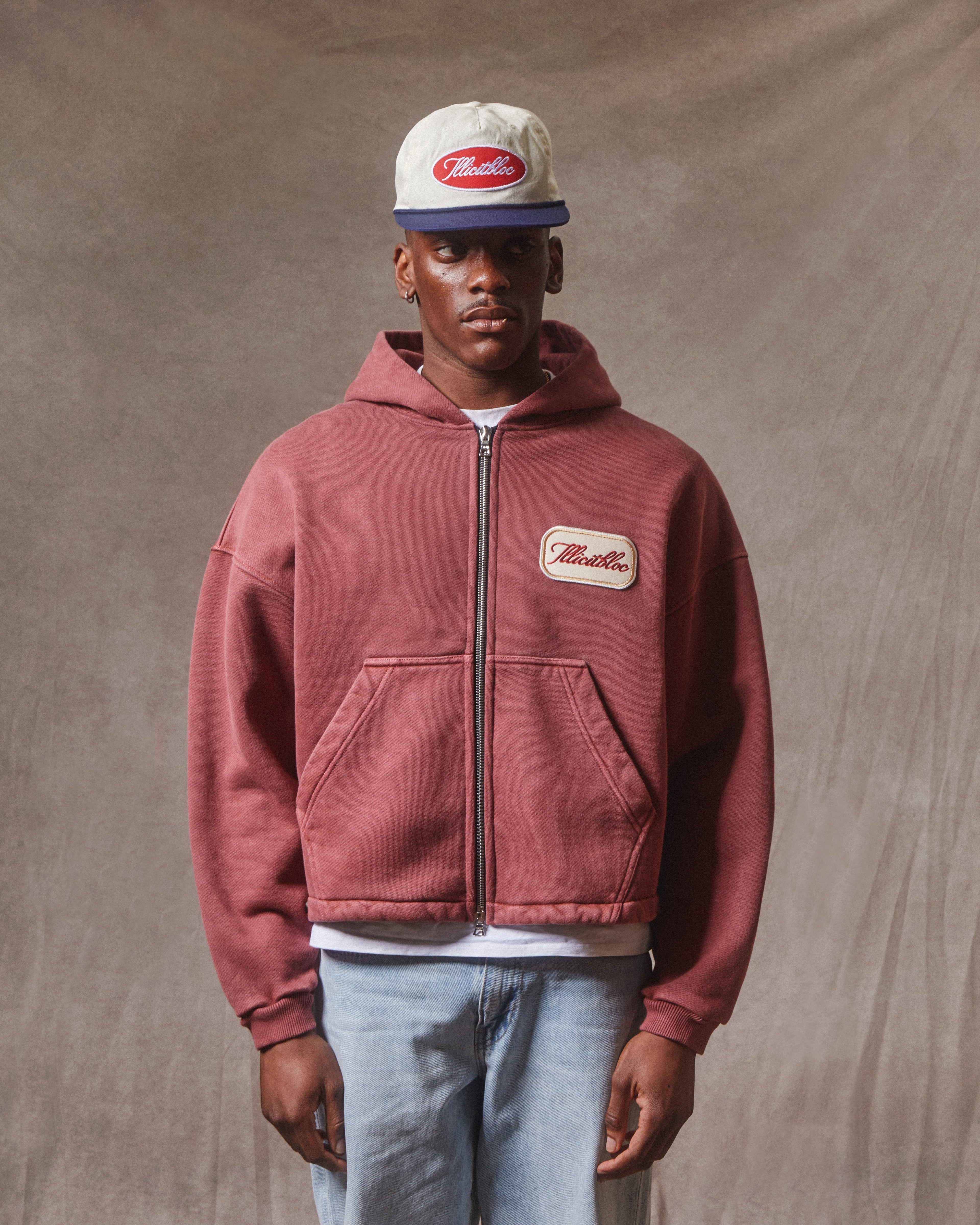 Patchwork Zip Hoodie - Washed Burgundy