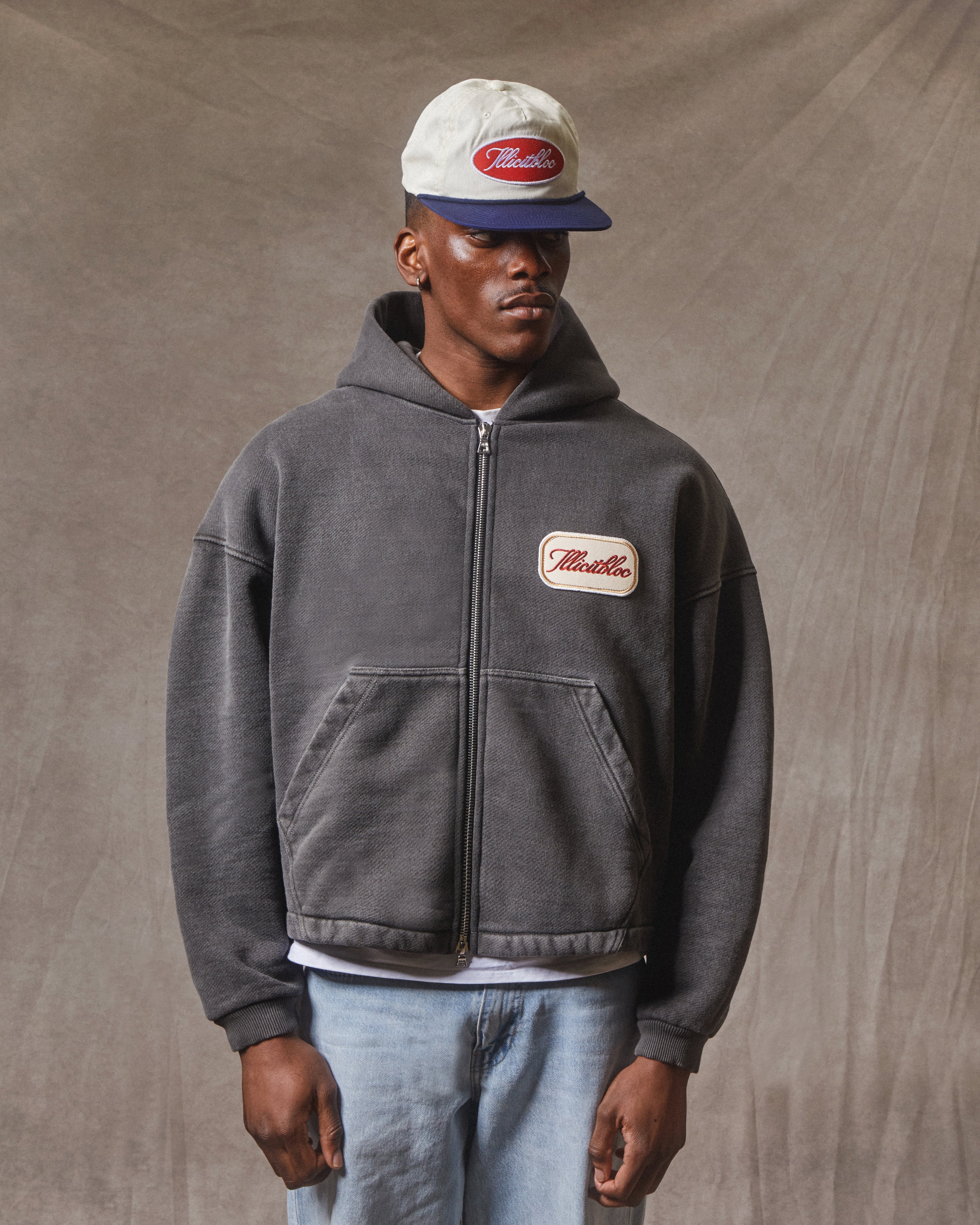 Patchwork Zip Hoodie - Washed Black