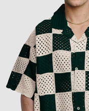 Load image into Gallery viewer, KNITTED CROCHET CHECK SHIRT - OYSTER/GREEN
