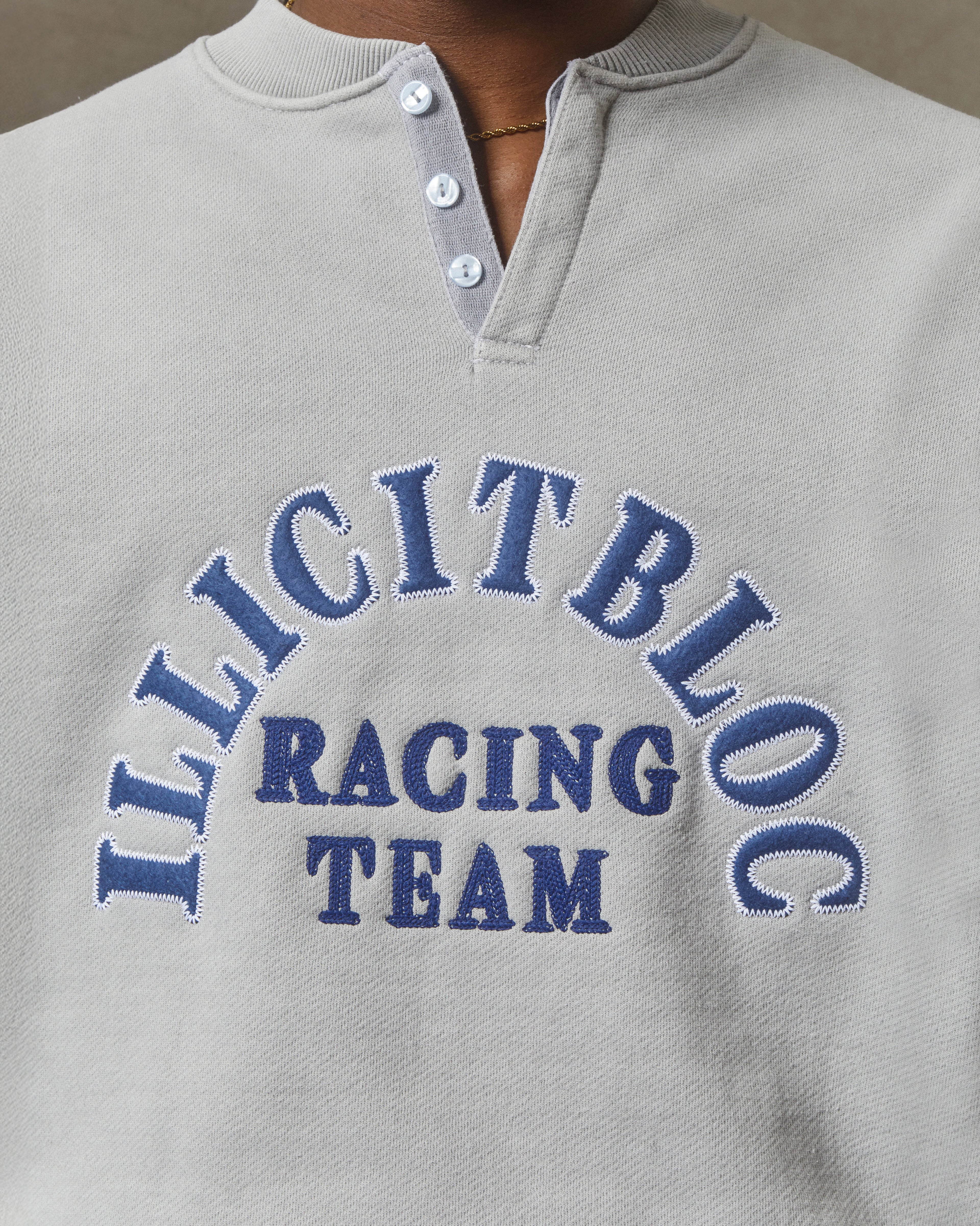 Racing Appliqué Henley Crewneck - Powder Grey