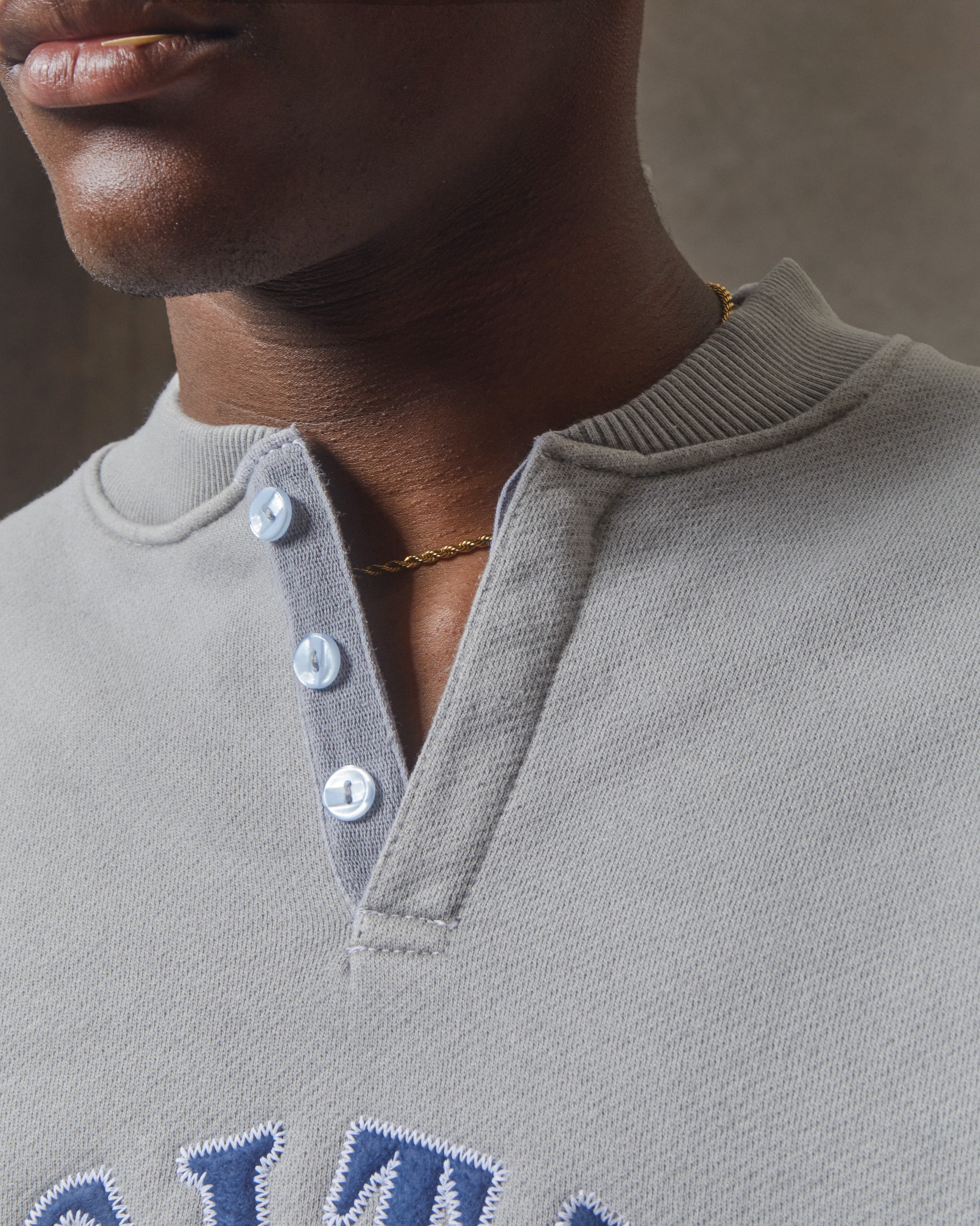 Racing Appliqué Henley Crewneck - Powder Grey