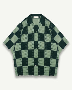 KNITTED CROCHET CHECK SHIRT - GREEN