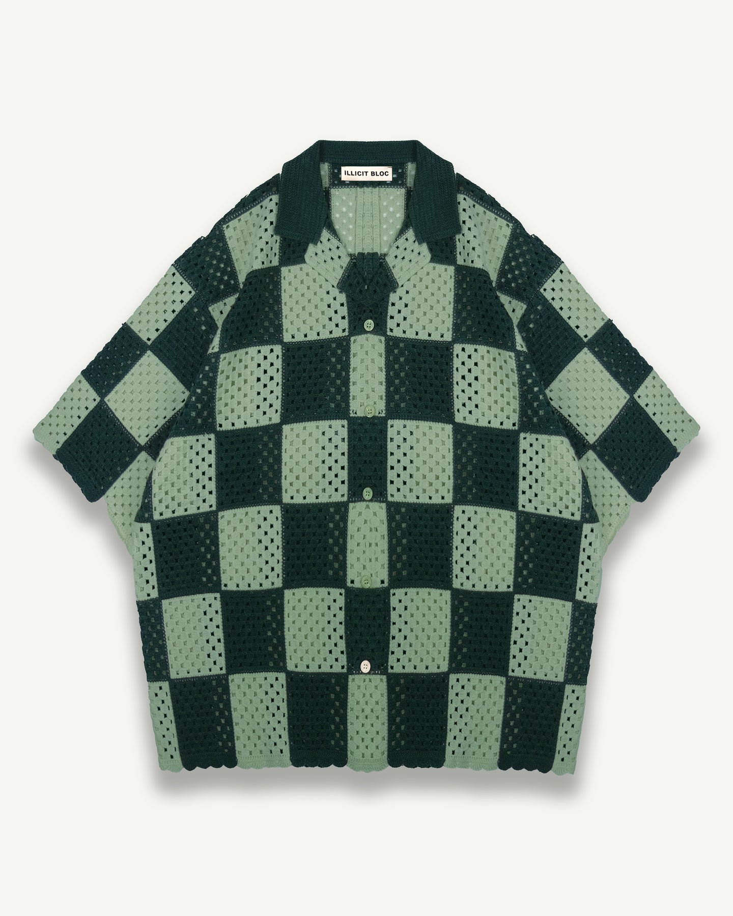 KNITTED CROCHET CHECK SHIRT - GREEN