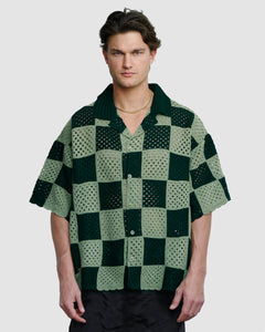 KNITTED CROCHET CHECK SHIRT - GREEN