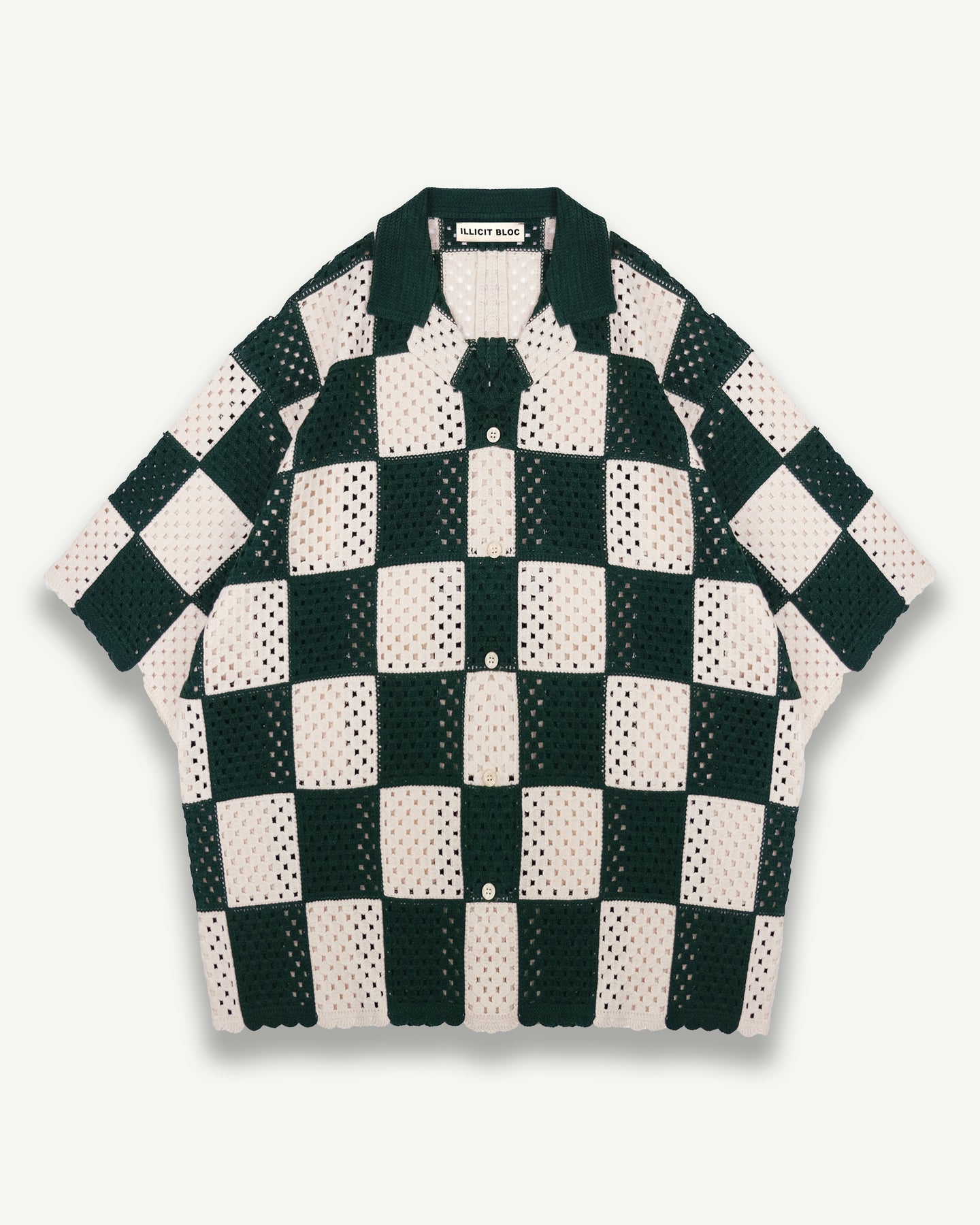 KNITTED CROCHET CHECK SHIRT - OYSTER/GREEN