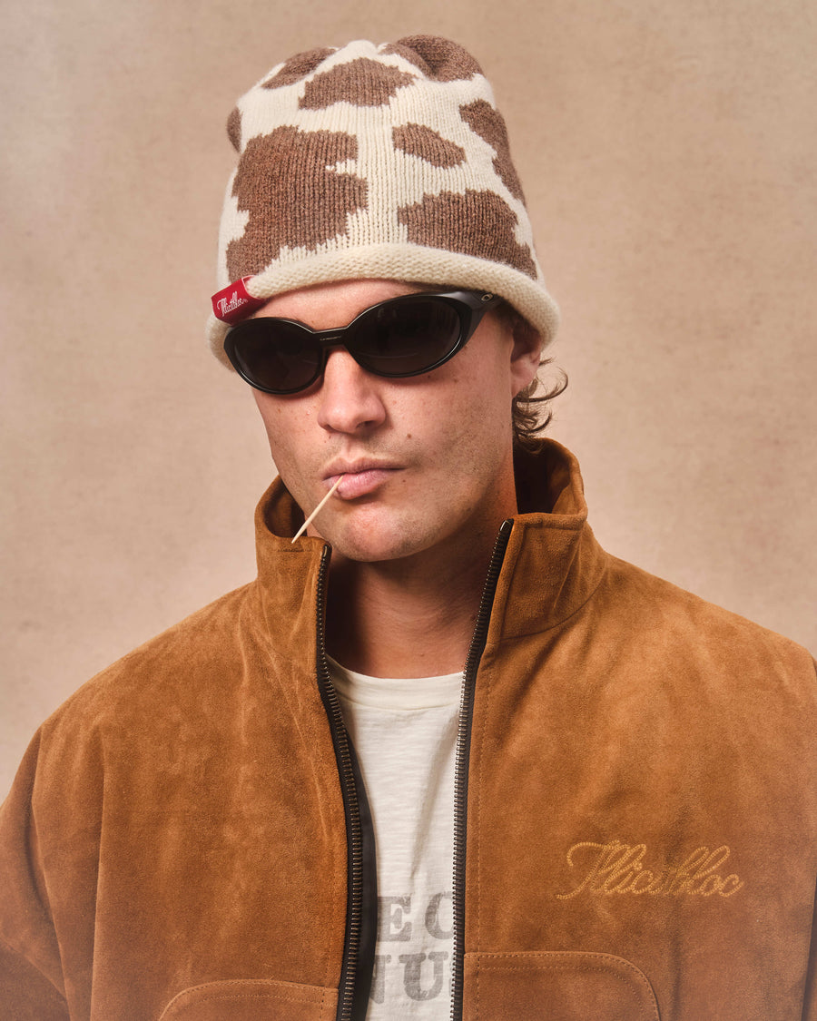 COWHIDE ROLLBACK BEANIE - TOBACCO