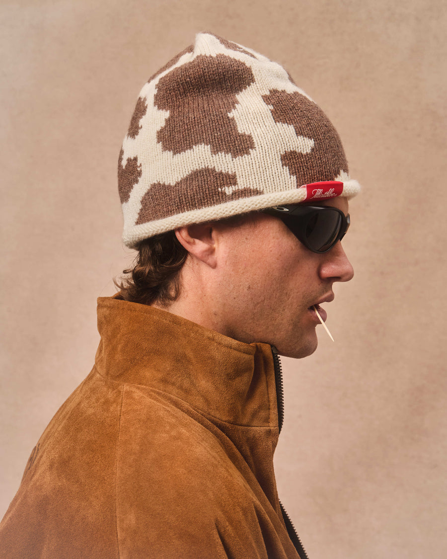 COWHIDE ROLLBACK BEANIE - TOBACCO
