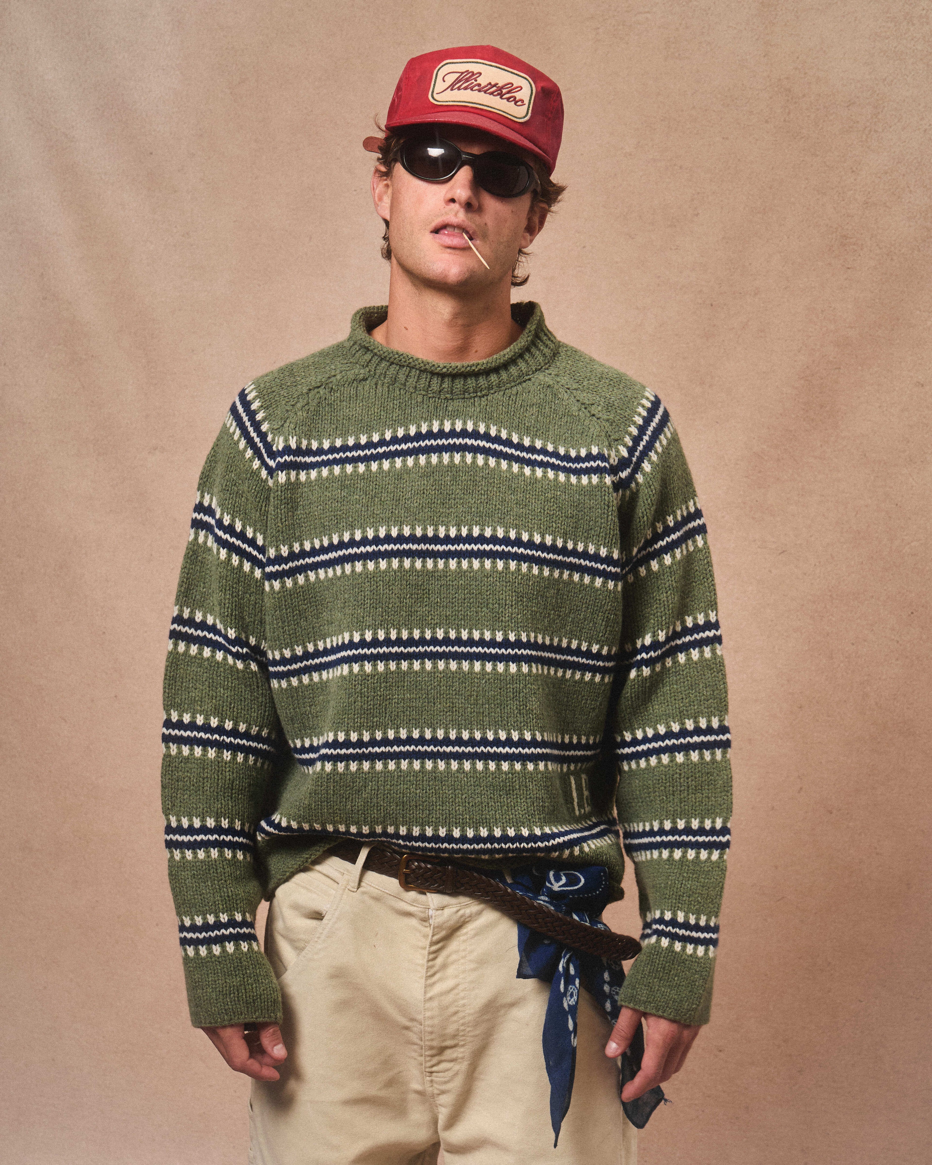 STRIPE ROLLNECK PULLOVER - YUCCA PALM & NAVY