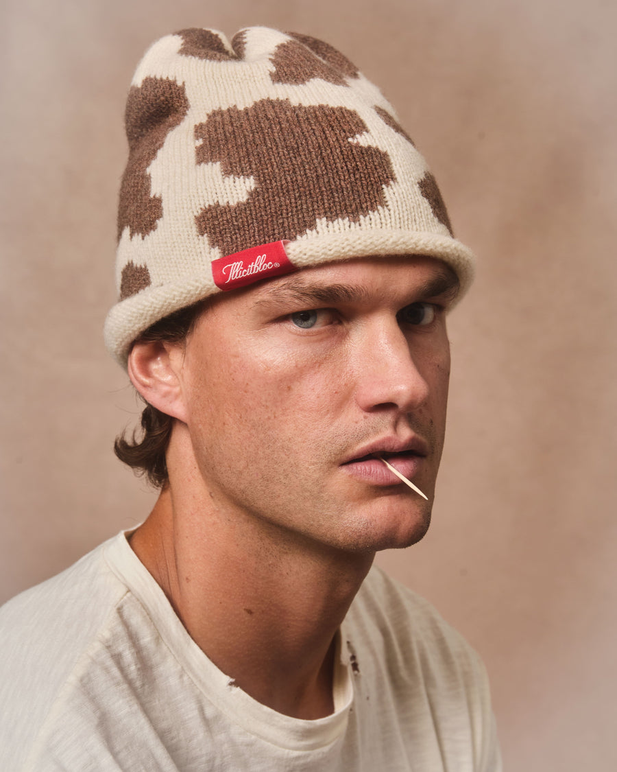 COWHIDE ROLLBACK BEANIE - TOBACCO
