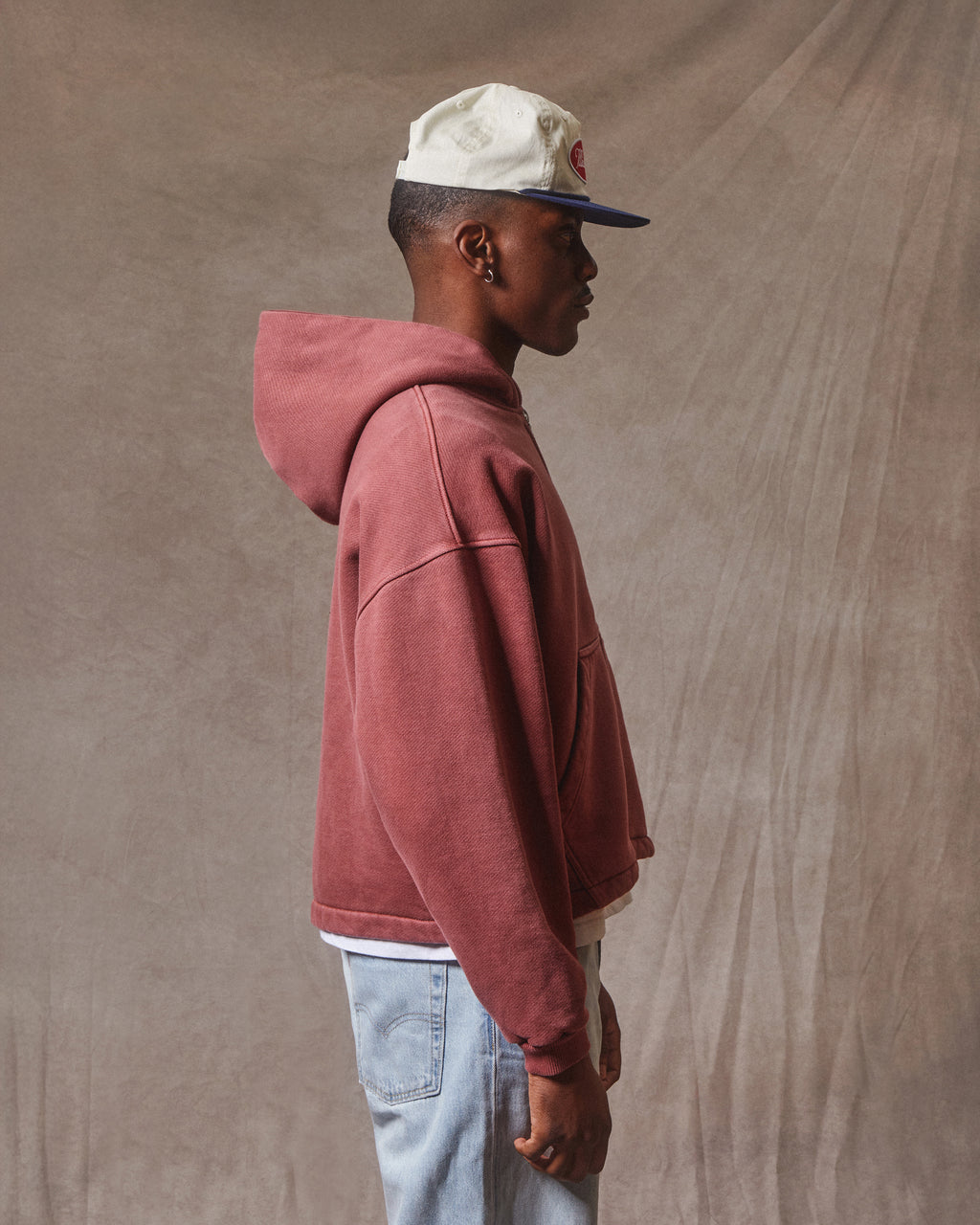 Patchwork Zip Hoodie - Washed Burgundy