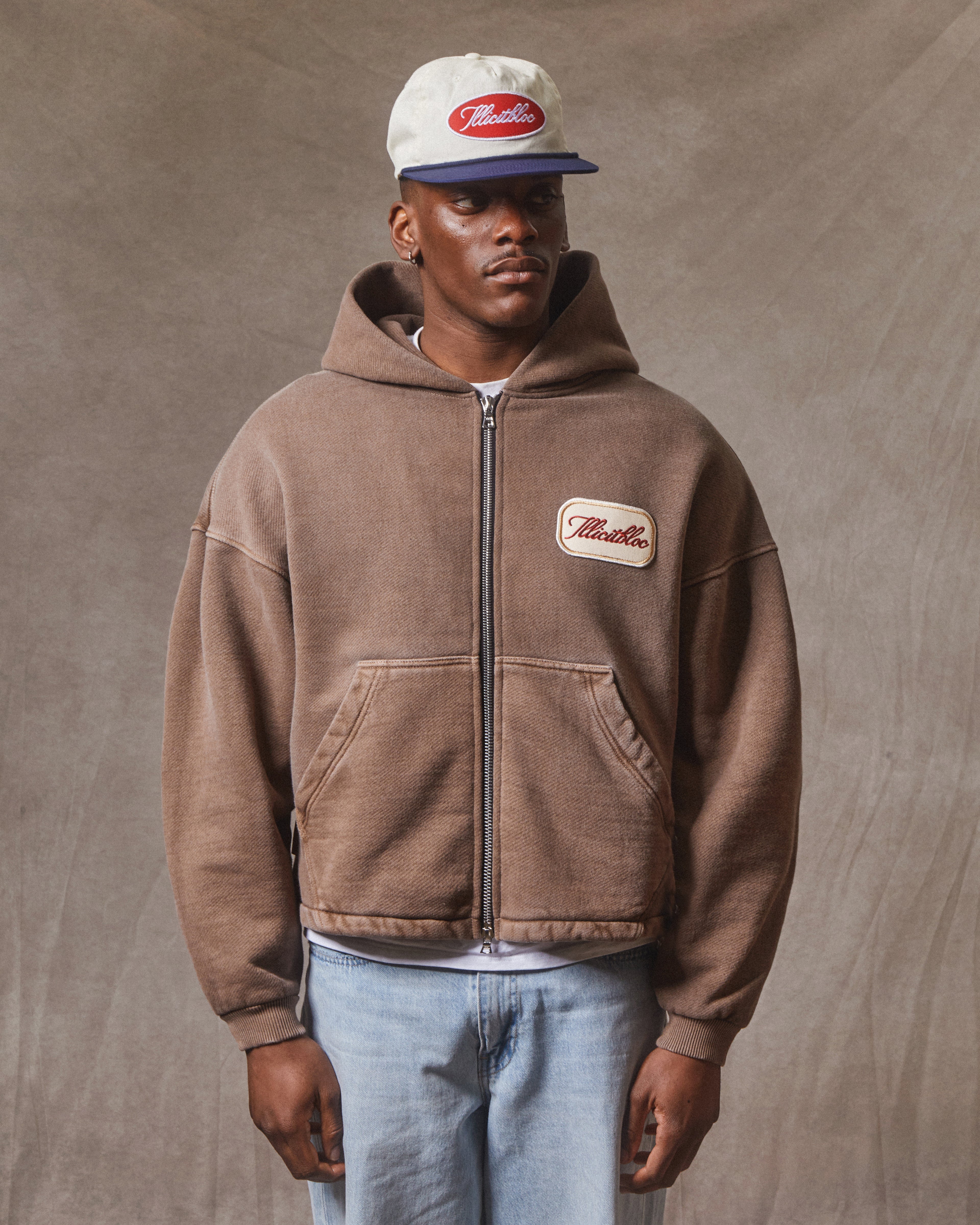 Patchwork Zip Hoodie - Washed Brown