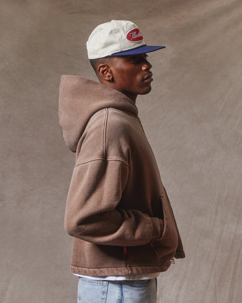 Patchwork Zip Hoodie - Washed Brown