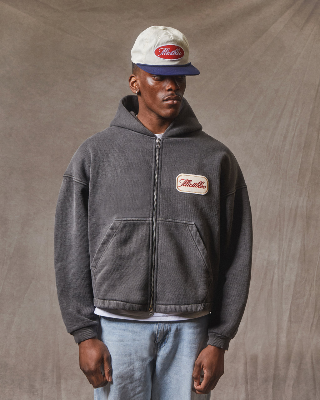 Patchwork Zip Hoodie - Washed Black