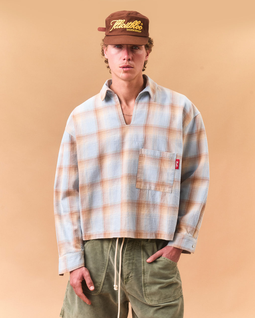 JAPANESE PLAID PULLOVER SHIRT - SKY/TOBACCO OMBRÉ