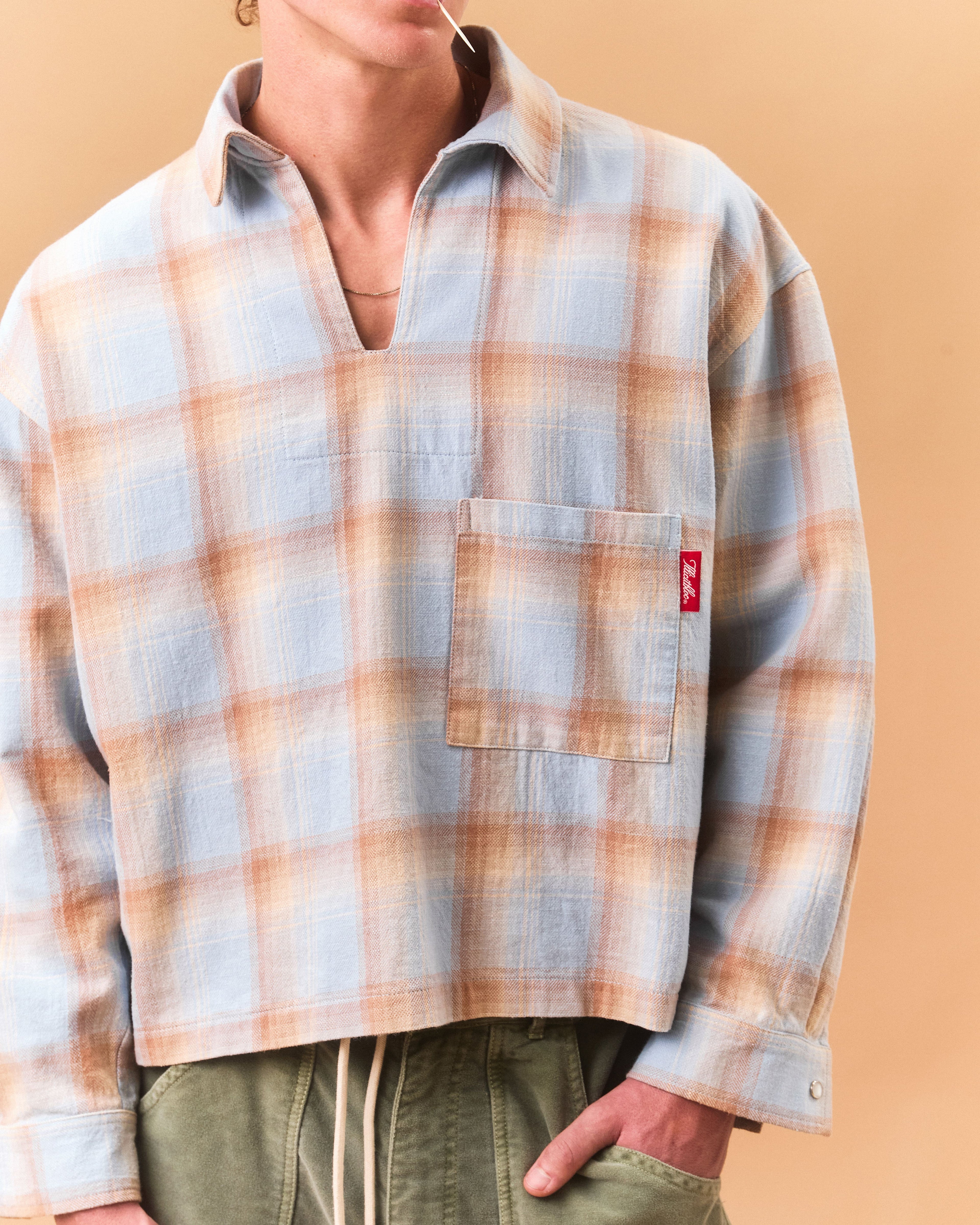 JAPANESE PLAID PULLOVER SHIRT - SKY/TOBACCO OMBRÉ