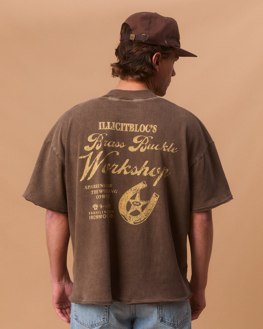 WORKSHOP FEATHERKNIT™ RAW HEM T-SHIRT - WASHED BROWN