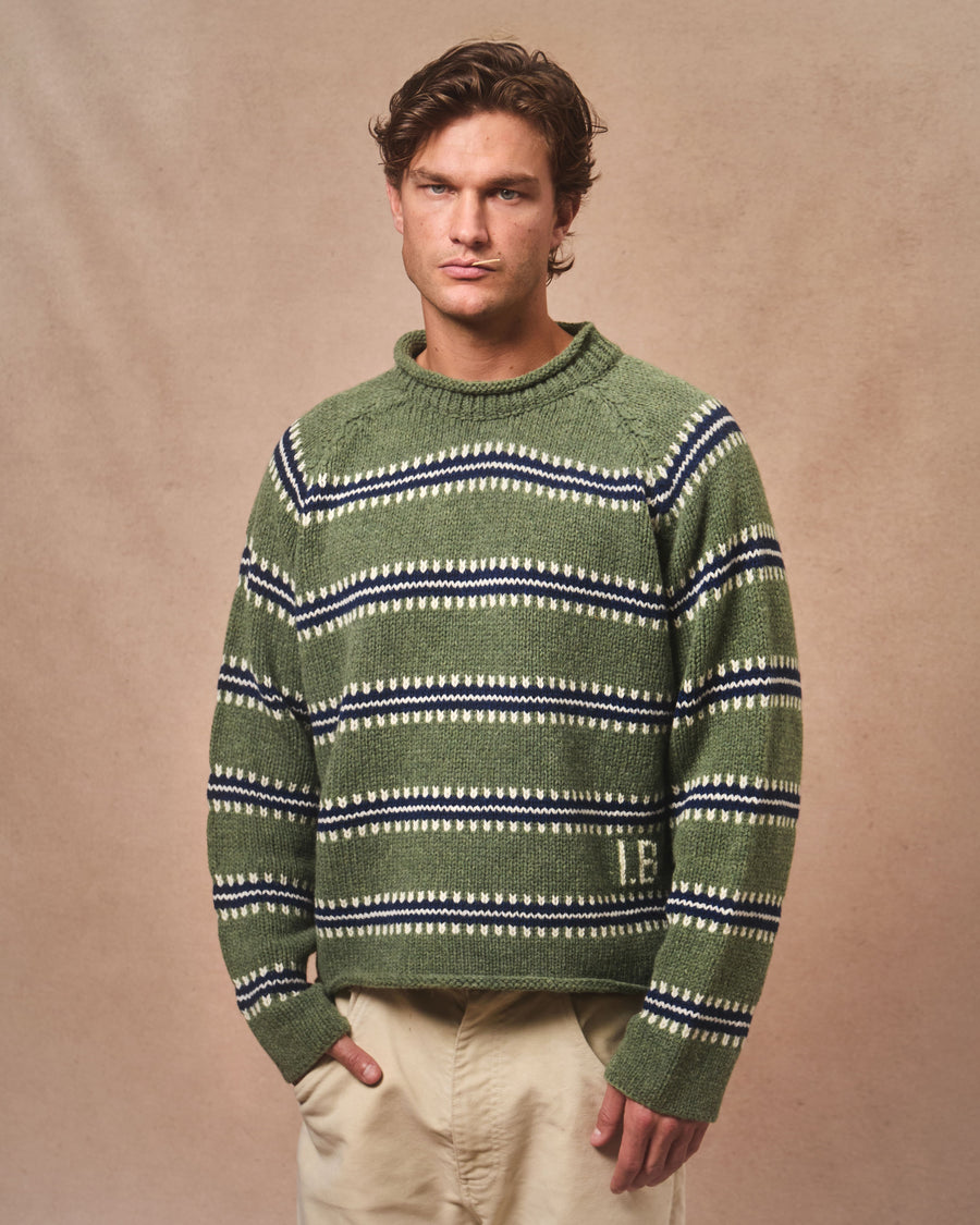 STRIPE ROLLNECK PULLOVER - YUCCA PALM & NAVY