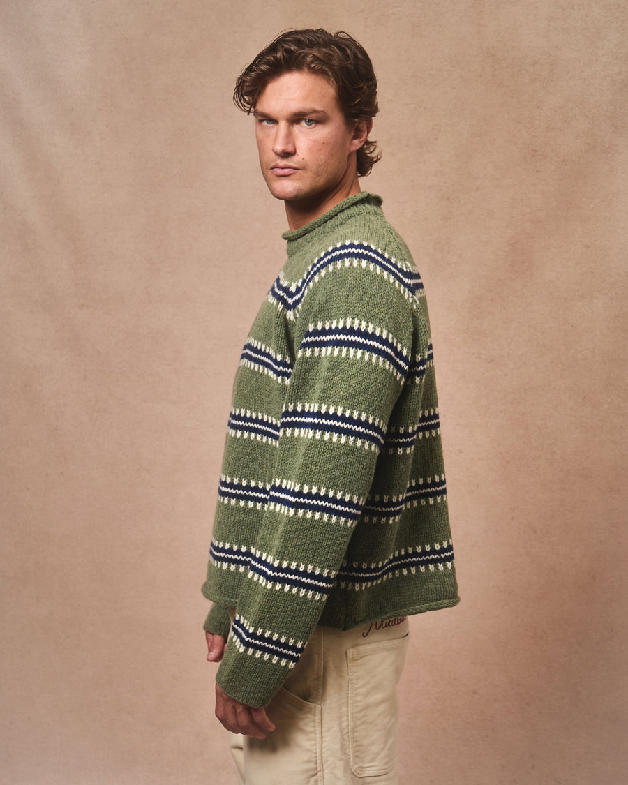 STRIPE ROLLNECK PULLOVER - YUCCA PALM & NAVY