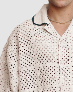 KNITTED CROCHET SHIRT - OYSTER