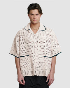 KNITTED CROCHET SHIRT - OYSTER