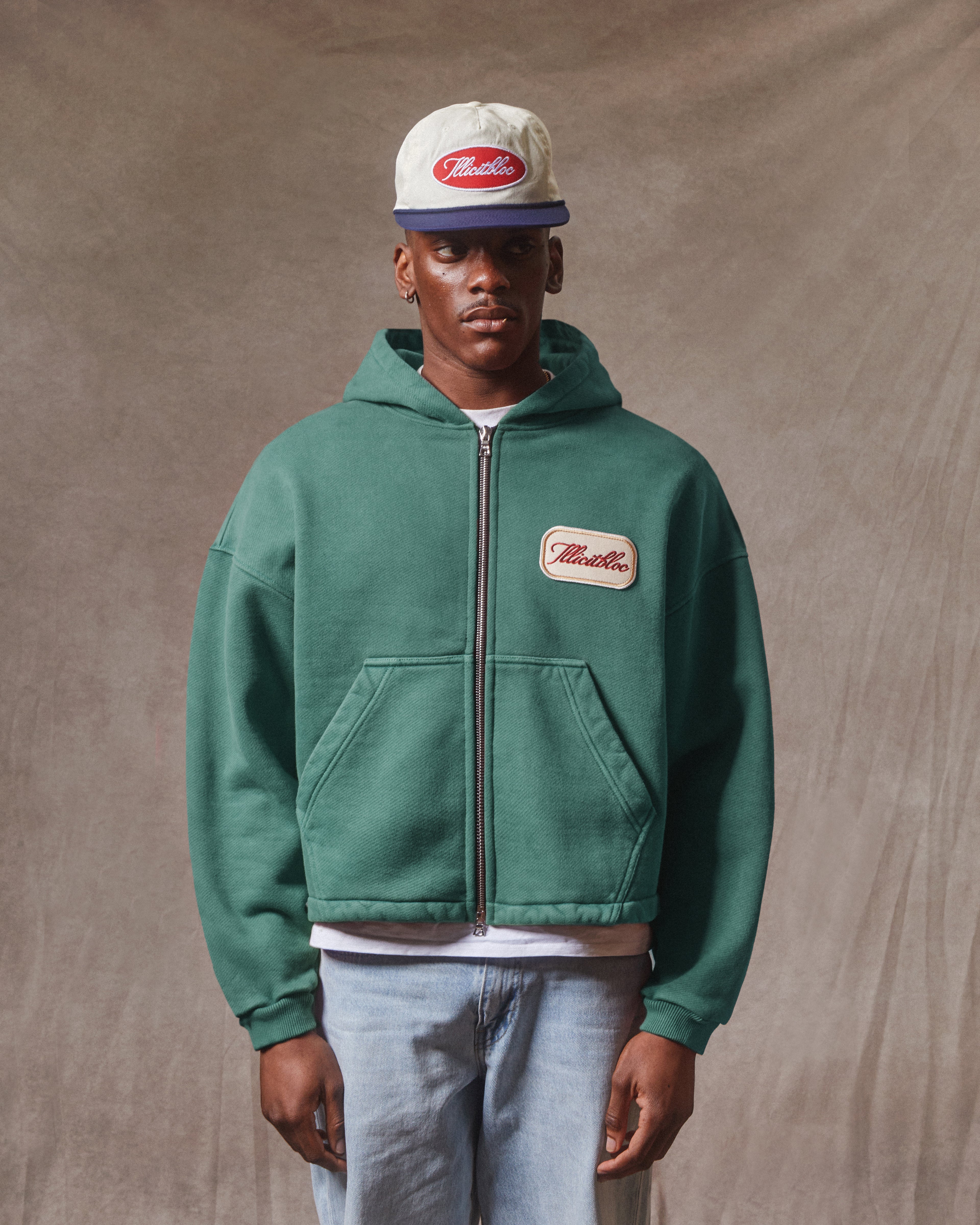 Patchwork Zip Hoodie - Washed Green