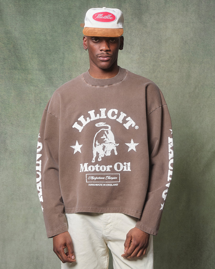 MOTOR OIL LONG SLEEVE T-SHIRT - WASHED BROWN